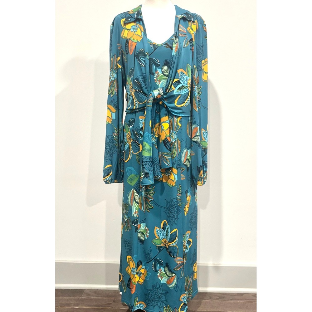 IMAN Maxi Dress Large Floral Front Tie Teal Retro Tropical Botanical Boho 21489